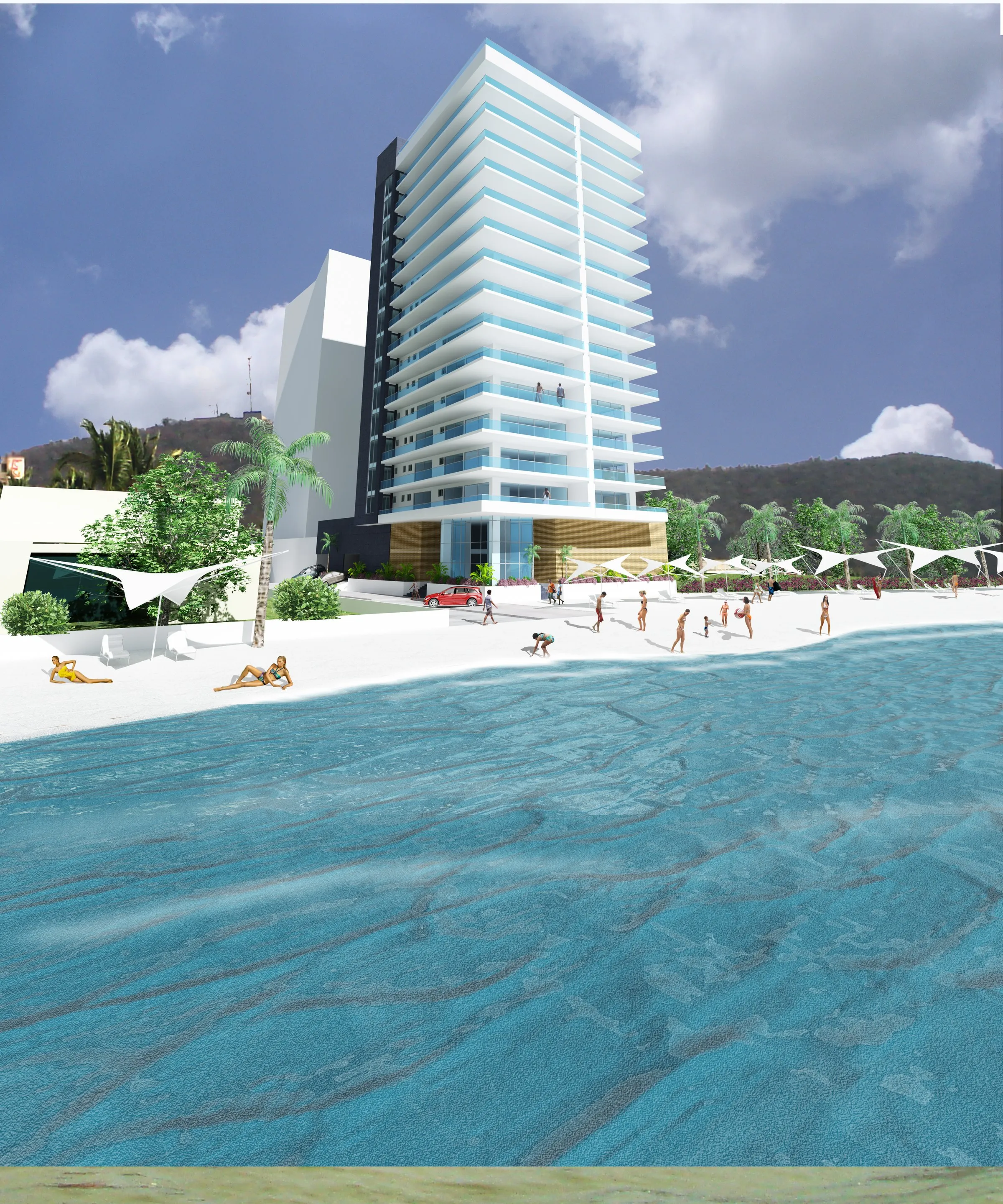 Casa de la Playa: la torre sobre la zona de piscinas frente al mar