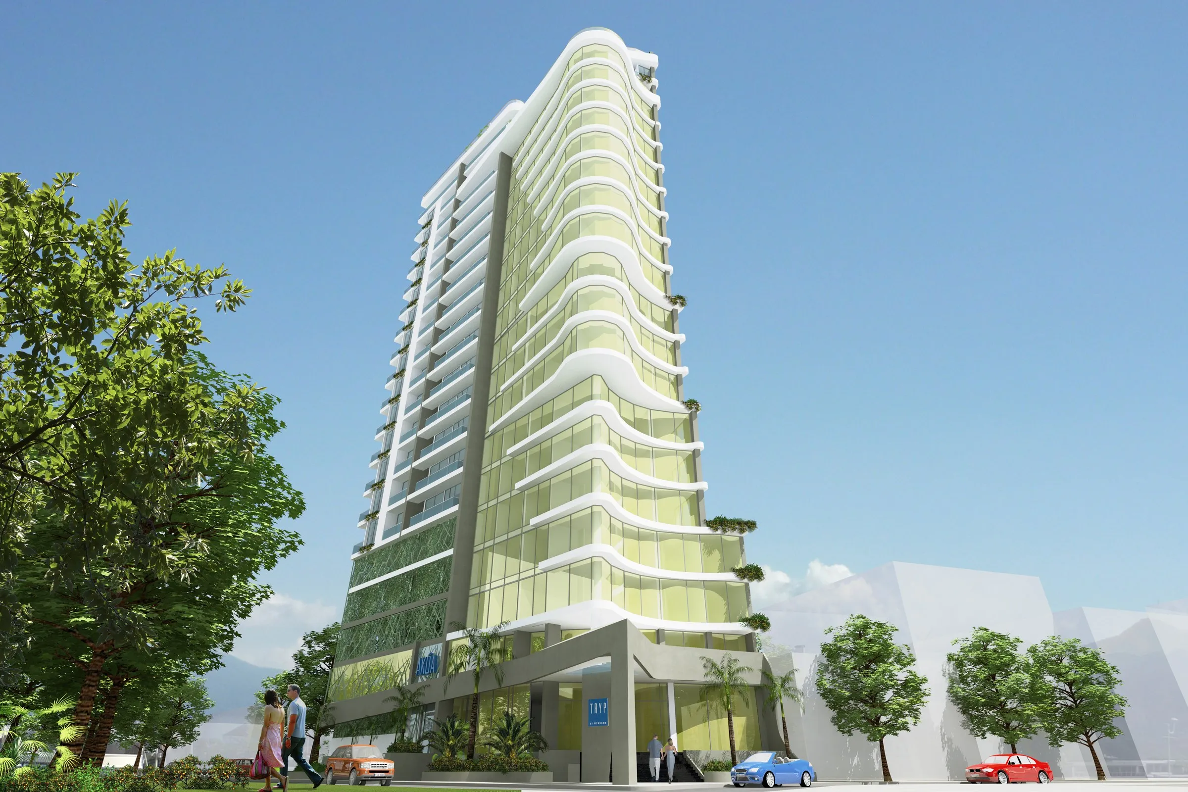 Torre Akua: la fachada de balcones escalonados vista desde la calle